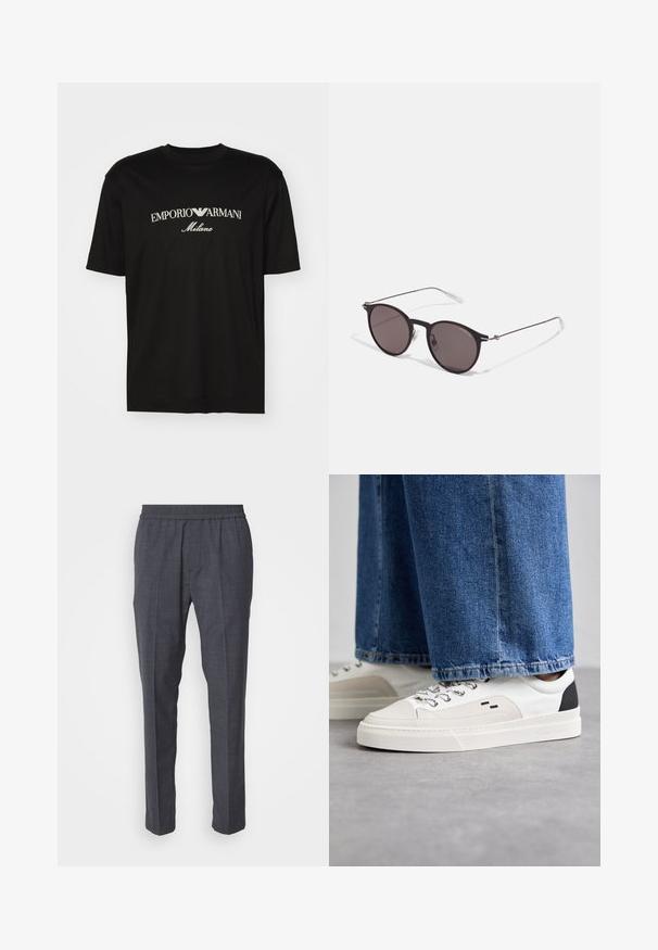 T-shirt en coton noir avec un col rond, des manches courtes et le logo "EMPORIO ARMANI" en blanc au-dessus de "Milano" dans un design incurvé.; Iceberg PANTALONE - Pantalon classique - piombo; Baskets blanches et noires avec une tige en cuir lisse, des accents texturés et une semelle épaisse blanche. Présentent un design classique à lacets.; Lunettes de soleil noires rondes avec verres sombres et branches en métal fines. Comprend des embouts transparents et des accents argentés au niveau de la charnière. Design minimaliste.