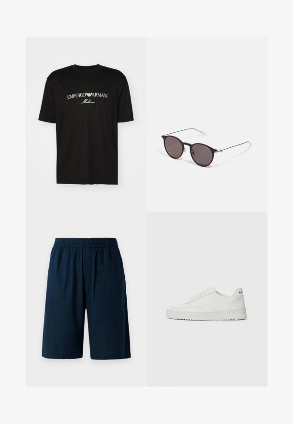 T-shirt en coton noir avec un col rond, des manches courtes et le logo "EMPORIO ARMANI" en blanc au-dessus de "Milano" dans un design incurvé.; Shorts bleu marine en tissu léger, dotés d'une taille élastique et d'une coupe décontractée, avec deux poches latérales.; Baskets en cuir blanc avec une finition lisse, bout arrondi, lacets plats et semelle texturée. Présente un logo discret sur le talon.; Lunettes de soleil noires rondes avec verres sombres et branches en métal fines. Comprend des embouts transparents et des accents argentés au niveau de la charnière. Design minimaliste.