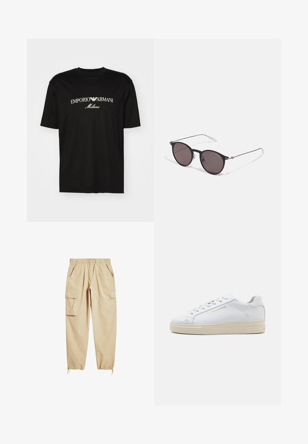 Schwarzes Baumwoll-T-Shirt mit Rundhalsausschnitt, kurzen Ärmeln und dem "EMPORIO ARMANI"-Logo in Weiß über dem geschwungenen Schriftzug "Milano".; Beige Cargo-Hosen aus leichtem Stoff, mit einem elastischen Bund, Seitentaschen und einem Kordelzug am Knöchel. Enthält bedruckten Text.; Weißes Leder-Sneaker mit runder Zehenpartie, flachen Schnürsenkeln und einer cremefarbenen Gummisohle. Verfügt über dezentes Goldbranding und eine glatte Textur.; Schwarze runde Sonnenbrille mit dunklen Gläsern und schlanken Metallbügeln. Enthält klare Tempelspitzen und silberne Akzente am Scharnier. Minimalistisches Design.