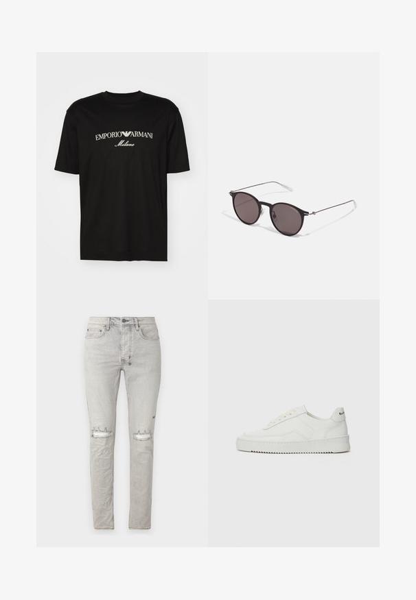 Svart bomulls T-skjorte med rund hals, korte ermer og "EMPORIO ARMANI" logo i hvitt over "Milano" i en buet design.; Ksubi CHITCH PLUTO TRASHED - Jeans Skinny Fit - grey; Hvite lærersneakers med en jevn overflate, rund tå, flate lisser og en teksturert såle. Har en subtil logo på hælen.; Sorte, runde solbriller med mørke linser og slanke metalarmer. Inkluderer klare temple tips og sølvfargede detaljer ved hengslet. Minimalistisk design.