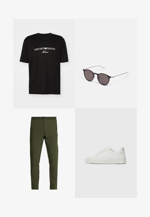 T-shirt en coton noir avec un col rond, des manches courtes et le logo "EMPORIO ARMANI" en blanc au-dessus de "Milano" dans un design incurvé.; Pantalon vert olive à coupe slim, fabriqué à partir d'un tissu lisse et durable. Il dispose d'une fermeture éclair, d'un bouton de fermeture et de poches standard.; Baskets en cuir blanc avec une finition lisse, bout arrondi, lacets plats et semelle texturée. Présente un logo discret sur le talon.; Lunettes de soleil noires rondes avec verres sombres et branches en métal fines. Comprend des embouts transparents et des accents argentés au niveau de la charnière. Design minimaliste.