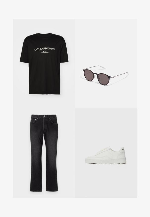 T-shirt de algodão preta com gola redonda, mangas curtas e o logo "EMPORIO ARMANI" em branco acima de "Milano" num design curvo.; Jeans de denim preto com um design de perna reta, apresentando uma cintura média, bolsos frontais e um fecho clássico de botão.; Sapatilha de couro branco com acabamento suave, bico redondo, atacadores planos e uma sola texturizada. Apresenta um logotipo discreto no calcanhar.; Óculos de sol redondos pretos com lentes escuras e hastes metálicas finas. Inclui pontas de templo transparentes e detalhes em prata na dobradiça. Design minimalista.