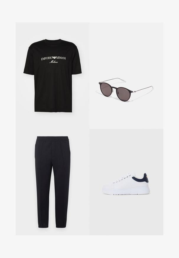 T-shirt de algodão preta com gola redonda, mangas curtas e o logo "EMPORIO ARMANI" em branco acima de "Milano" num design curvo.; Calças de treino pretas com cintura elástica, pernas afuniladas, bolsos laterais e textura de tecido suave. Apresenta detalhes costurados ao longo das costuras.; Ténis brancos com pormenores em azul-marinho, apresentando uma textura suave, biqueira redonda e sola elevada, detalhados com um logo de lado.; Óculos de sol redondos pretos com lentes escuras e hastes metálicas finas. Inclui pontas de templo transparentes e detalhes em prata na dobradiça. Design minimalista.