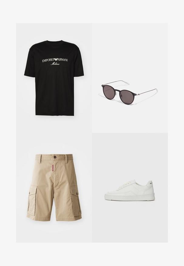 Sort bomulds T-shirt med rund halsudskæring, korte ærmer og "EMPORIO ARMANI" logo i hvid over "Milano" i et buet design.; Beige cargo shorts lavet af bomuldsblanding, med to sidelommer, en knaplukning og en rød label syet på forsiden.; Hvide lædersneakers med en glat overflade, rund tå, flade snørebånd og en tekstureret sål. Har et diskret logo på hælen.; Sorte runde solbriller med mørke linser og slanke metalarme. Inkluderer klare tempeltips og sølvdetaljer ved hængslet. Minimalistisk design.