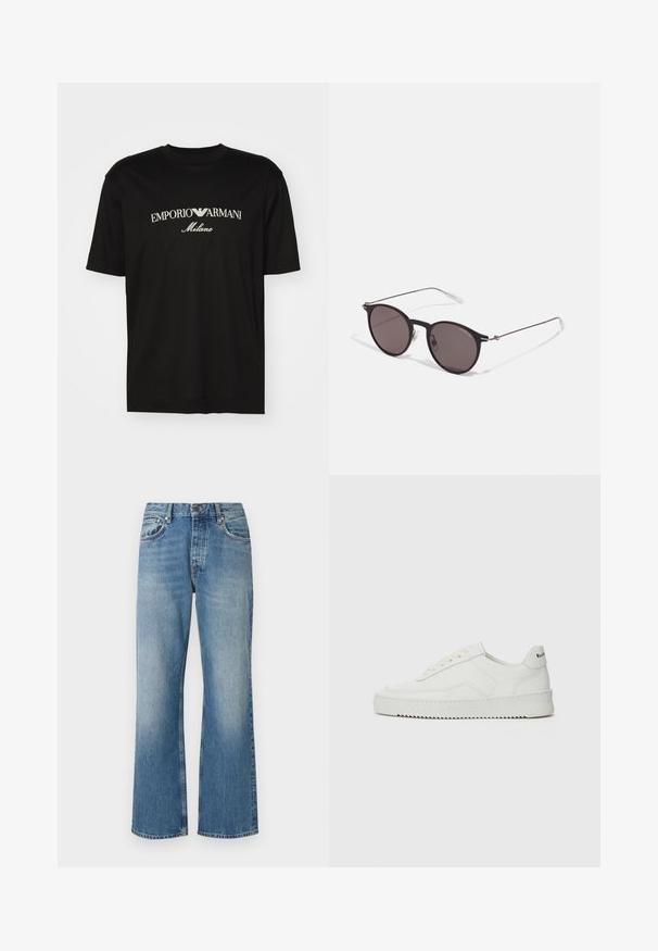 Juodas medvilninis marškinėliai su apvaliu iškirpu, trumpomis rankovėmis ir baltu "EMPORIO ARMANI" logotipu virš "Milano" kreivame dizaino.; Šviesiai mėlyni džinsai su plačiomis kojomis, tiesiu kirpimu, penkiais kišenėmis ir mygtuko uždarymu juosmens srityje. Visame paviršiuje matoma nuplauta tekstūra.; Balti odiniai sportiniai bateliai su lygia apdaila, apvaliu pirštu, plokščiais raišteliais ir tekstūruotu padu. Pasižymi subtiliu logotipu ant kulno.; Juodos apvalios saulės akinių su tamsiais lęšiais ir plonomis metalinėmis šakomis. Įtraukti skaidrūs šventyklų galai ir sidabriniai akcentai vyrio srityje. Minimalistinis dizainas.
