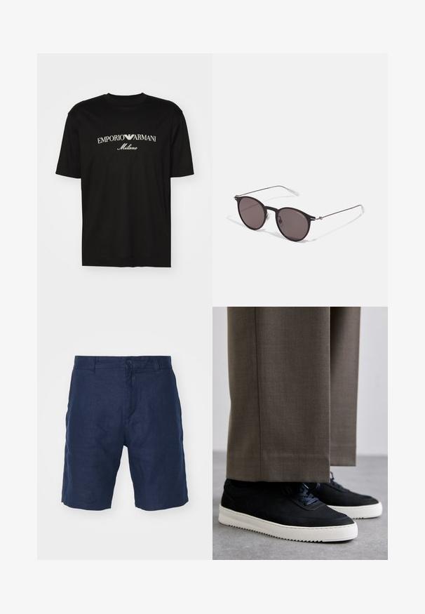 Zwarte katoenen T-shirt met een ronde halslijn, korte mouwen en het "EMPORIO ARMANI" logo in het wit boven "Milano" in een gebogen ontwerp.; Marineblauwe linnen shorts met een knoopsluiting, recht afgesneden ontwerp, gladde textuur en minimalistische stijl.; Zwarte suède sneakers met witte rubberen zolen, voorzien van een ronde neus en veters, gedragen met grijze tailored broek.; Zwarte ronde zonnebril met donkere lenzen en slanke metalen armen. Inclusief heldere tempelpunten en zilveren accenten bij de scharnier. Minimalistisch ontwerp.