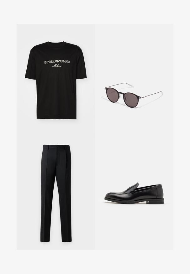 Camiseta de algodón negra con cuello redondo, mangas cortas y el logo de "EMPORIO ARMANI" en blanco sobre "Milano" en un diseño curvado.; Pantalones formales negros confeccionados con un tejido liso, con un diseño de pierna recta, pliegues frontales y una cinturilla estándar sin adornos.; Mocasines de cuero negro con una textura suave, puntera redondeada y una tira decorativa en el empeine. Tacón bajo apilado, diseño minimalista.; Gafas de sol redondas negras con lentes oscuros y brazos metálicos delgados. Incluye puntas de varilla transparentes y acentos plateados en la bisagra. Diseño minimalista.