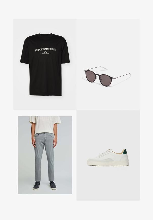 T-shirt en coton noir avec un col rond, des manches courtes et le logo "EMPORIO ARMANI" en blanc au-dessus de "Milano" dans un design incurvé.; Pantalon en denim gris avec une coupe slim, disposant de poches avant, d'une fermeture à bouton et d'une texture lisse. Associé à des baskets sombres.; Baskets blanches avec des accents en daim, bout arrondi, lacets plats et semelle en caoutchouc crème. Présente une marque verte sur le talon.; Lunettes de soleil noires rondes avec verres sombres et branches en métal fines. Comprend des embouts transparents et des accents argentés au niveau de la charnière. Design minimaliste.