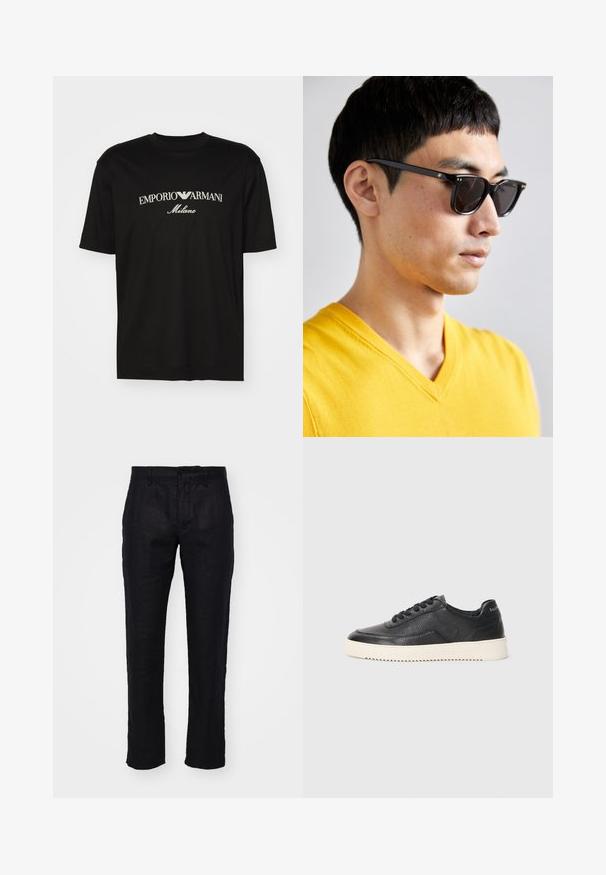 T-shirt en coton noir avec un col rond, des manches courtes et le logo "EMPORIO ARMANI" en blanc au-dessus de "Milano" dans un design incurvé.; NN.07 THEO - Pantalon classique - black; Baskets en cuir noir avec finition texturée, bout rond et semelle plate en caoutchouc blanc. Présentent des lacets noirs et un logo sur le talon.; Lunettes de soleil avec des montures noires et des verres foncés. Les détails notables incluent de petites accents dorés sur les charnières et une forme rectangulaire.