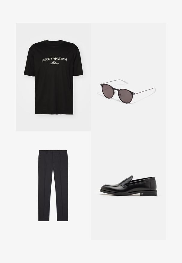 Schwarzes Baumwoll-T-Shirt mit Rundhalsausschnitt, kurzen Ärmeln und dem "EMPORIO ARMANI"-Logo in Weiß über dem geschwungenen Schriftzug "Milano".; The Kooples Anzughose - black; Schwarze Lederloafers mit glatter Textur, rundem Zehenbereich und einem dekorativen Riemen über dem Vorderfuß. Niedriger, gestapelter Absatz, minimalistisches Design.; Schwarze runde Sonnenbrille mit dunklen Gläsern und schlanken Metallbügeln. Enthält klare Tempelspitzen und silberne Akzente am Scharnier. Minimalistisches Design.