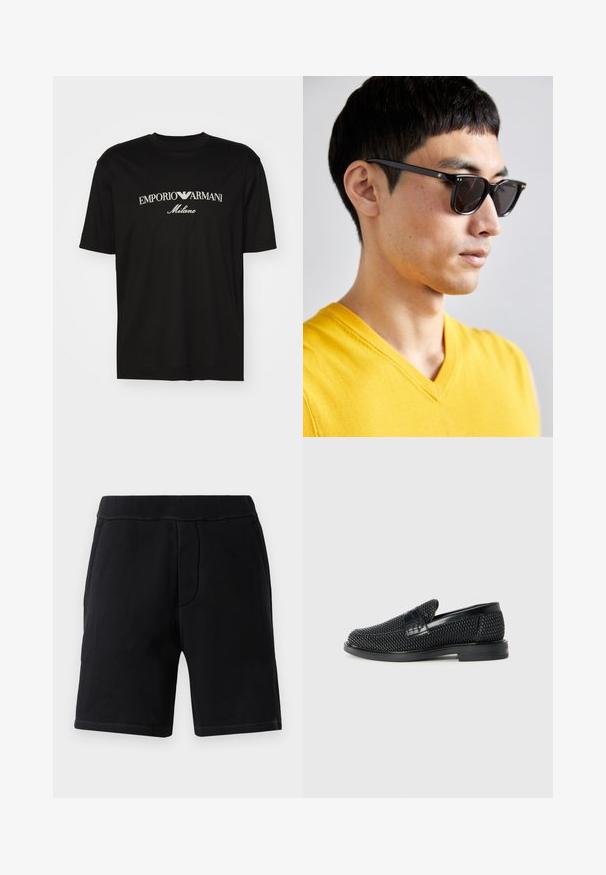 T-shirt in cotone nero con scollatura rotonda, maniche corte e logo "EMPORIO ARMANI" in bianco sopra "Milano" in una disposizione curva.; Pantaloni sportivi neri realizzati in morbido materiale; presentano una vita elasticizzata, due tasche laterali e cuciture a contrasto.; Scarpa nera a mocassino intrecciata con un accentuato in pelle liscia sulla parte superiore, design a punta rotonda e suola in gomma a profilo basso.; Occhiali da sole con montatura nera e lenti scure. Dettagli notevoli includono piccoli accenti dorati sulle cerniere e una forma rettangolare.