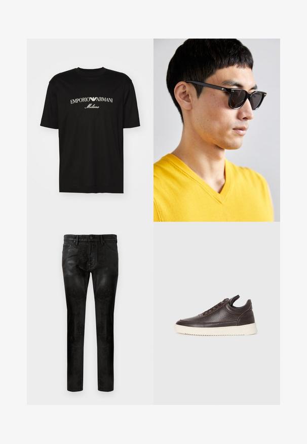 T-shirt de algodão preta com gola redonda, mangas curtas e o logo "EMPORIO ARMANI" em branco acima de "Milano" num design curvo.; Calças ajustadas pretas com uma textura suave e brilhante, apresentando bolsos frontais, um fecho com um único botão e detalhes de costura discretos.; Sapatilha de couro texturado castanho escuro com atacadores à frente e sola de borracha branca estriada sobre um fundo claro.; Óculos de sol com armação preta e lentes escuras. Detalhes notáveis incluem pequenos acabamentos em dourado nas dobradiças e um formato retangular.