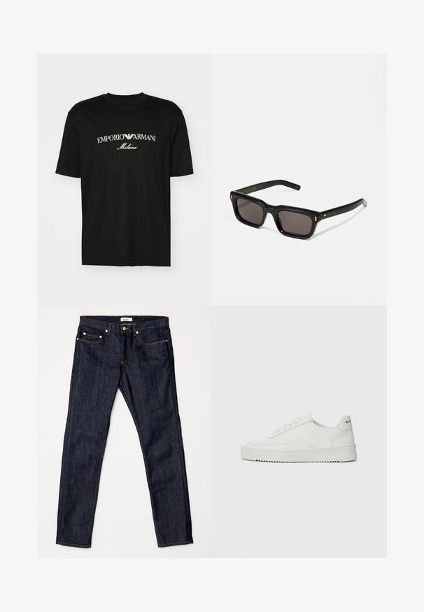 Črna bombažna majica s krožnim izrezom, kratkimi rokavi in logotipom "EMPORIO ARMANI" v beli barvi nad napisom "Milano" v ukrivljenem oblikovanju.; Temno modri jeans z ravnim krojem, srednje visokim pasom, kontrastnim oranžnim šivanjem in klasičnim krojem s petimi žepi.; Bela usnjena športna obutev z gladko površino, okroglo prst, ravne vezalke in teksturiran podplat. Ima diskretno logo na peti.; Črne pravokotne sončna očala s temnimi lečami, debelim plastičnim okvirjem, zlatimi detajli na templjih in izgravirano blagovno znamko na ročaju.