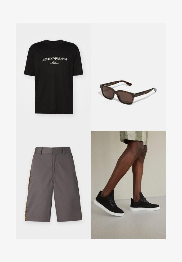 Musta puuvillapaita, jossa on pyöreä kaula-aukko, lyhyet hihat ja valkoinen "EMPORIO ARMANI" -logo, jonka yläpuolella on kaarevassa muodossa "Milano".; Harmaat shortsit, jotka on valmistettu sileästä kankaasta, sivuilla leopardikuosiset paneelit, tasainen etuosa ja normaali vyötärö.; Mustat mokkanahkakengät, joissa on valkoiset kumipohjat, pyöreät nauhat, matala malli ja sileä pinta.; Gucci aurinkolasit, joissa on neliömäiset, kilpikonnakuosiset muovikehykset ja ruskeat linssit. Kehyksissä on hienovarainen logo temppeleissä.
