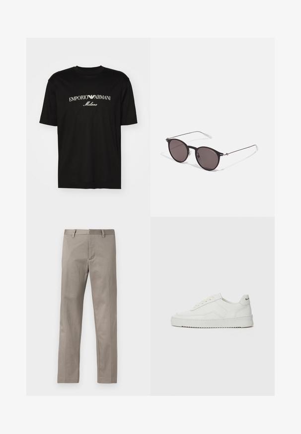 Black cotton T-shirt featuring a round neckline, short sleeves, and "EMPORIO ARMANI" logo in white above "Milano" in a curved design.; Light gray trousers with a straight-leg design, made from smooth fabric, featuring a flat front and standard waistband with belt loops.; White leather sneaker with a smooth finish, round toe, flat laces, and a textured sole. Features a subtle logo on the heel.; Black round sunglasses with dark lenses and slim metal arms. Includes clear temple tips and silver accents at the hinge. Minimalist design.