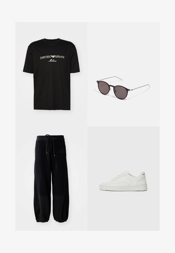 Svart bomulls T-skjorte med rund hals, korte ermer og "EMPORIO ARMANI" logo i hvitt over "Milano" i en buet design.; Sorte ribbede vidde joggebukser med elastisk midje og snøring. Har et diskret logo, teksturert stoff og innsamlede mansjetter.; Hvite lærersneakers med en jevn overflate, rund tå, flate lisser og en teksturert såle. Har en subtil logo på hælen.; Sorte, runde solbriller med mørke linser og slanke metalarmer. Inkluderer klare temple tips og sølvfargede detaljer ved hengslet. Minimalistisk design.