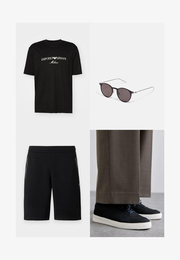 Svart bomulls T-skjorte med rund hals, korte ermer og "EMPORIO ARMANI" logo i hvitt over "Milano" i en buet design.; Sorte treningshorts laget av mykt stoff, med sidelommer med glidelås, elastisk midjebånd og rett snitt med sydde kanter.; Svarte suedeglans sneakers med hvite gummisåler, med rund tå og lisser, iført grå skreddersydde bukser.; Sorte, runde solbriller med mørke linser og slanke metalarmer. Inkluderer klare temple tips og sølvfargede detaljer ved hengslet. Minimalistisk design.