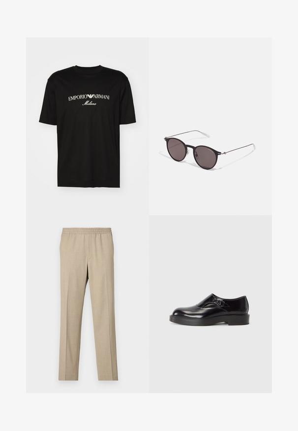 Černé bavlněné tričko s kulatým výstřihem, krátkými rukávy a logem "EMPORIO ARMANI" v bílém nad nápisem "Milano" v zakřiveném provedení.; Filippa K THEO - Kalhoty - sage melange; Černá kožená bota s kulatou špičkou, nízkým černým podpatkem a dekorativním páskem. Hladký povrch s lesklýmfinish.; Černé kulaté sluneční brýle s tmavými skly a tenkými kovovými nohami. Obsahují průhledné koncovky nožiček a stříbrné akcenty na pantu. Minimalistický design.