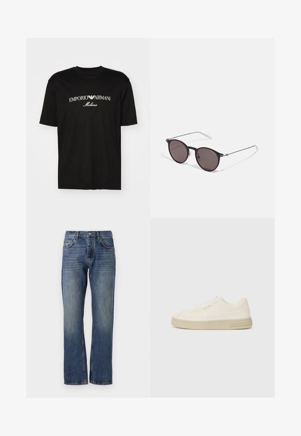 Svart bomulls T-skjorte med rund hals, korte ermer og "EMPORIO ARMANI" logo i hvitt over "Milano" i en buet design.; Blå denimjeans med rett ben-design, med en falmet finish, fem lommestil og metallhardware i livet.; Hvite lerrets sneakers med en teksturert gummisåle, med en sydd tåhette og logo aksent på hælen. Enkel snøring.; Sorte, runde solbriller med mørke linser og slanke metalarmer. Inkluderer klare temple tips og sølvfargede detaljer ved hengslet. Minimalistisk design.