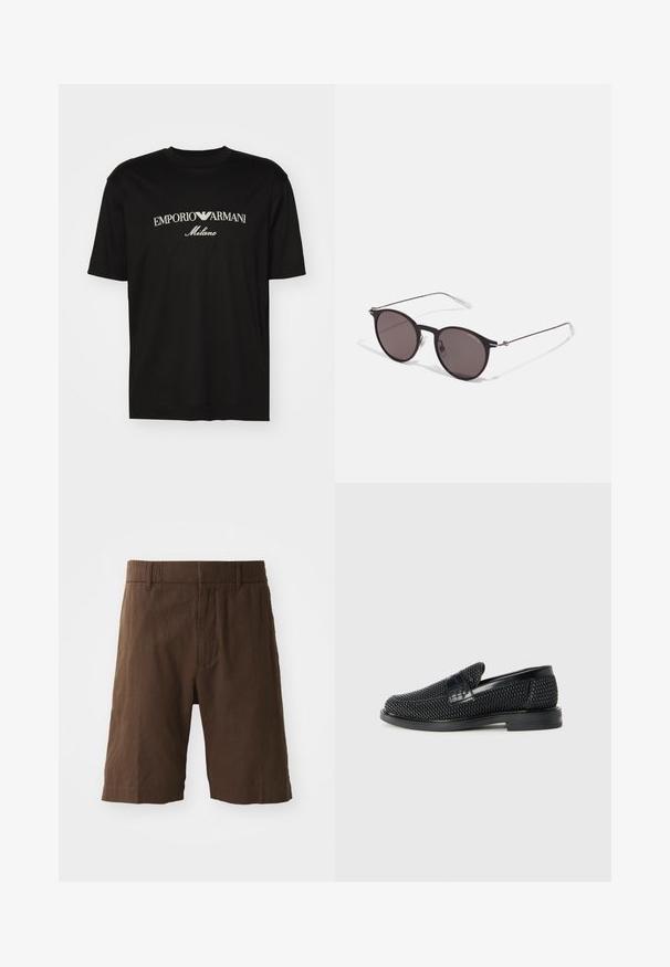 T-shirt in cotone nero con scollatura rotonda, maniche corte e logo "EMPORIO ARMANI" in bianco sopra "Milano" in una disposizione curva.; Pantaloni corti in lino marrone con una vestibilità rilassata, vita elastica e gambe dritte. Texture liscia con un design semplice e pulito.; Scarpa nera a mocassino intrecciata con un accentuato in pelle liscia sulla parte superiore, design a punta rotonda e suola in gomma a profilo basso.; Occhiali da sole neri rotondi con lenti scure e sottili bracci in metallo. Include punte trasparenti e accenti argentati alla cerniera. Design minimalista.