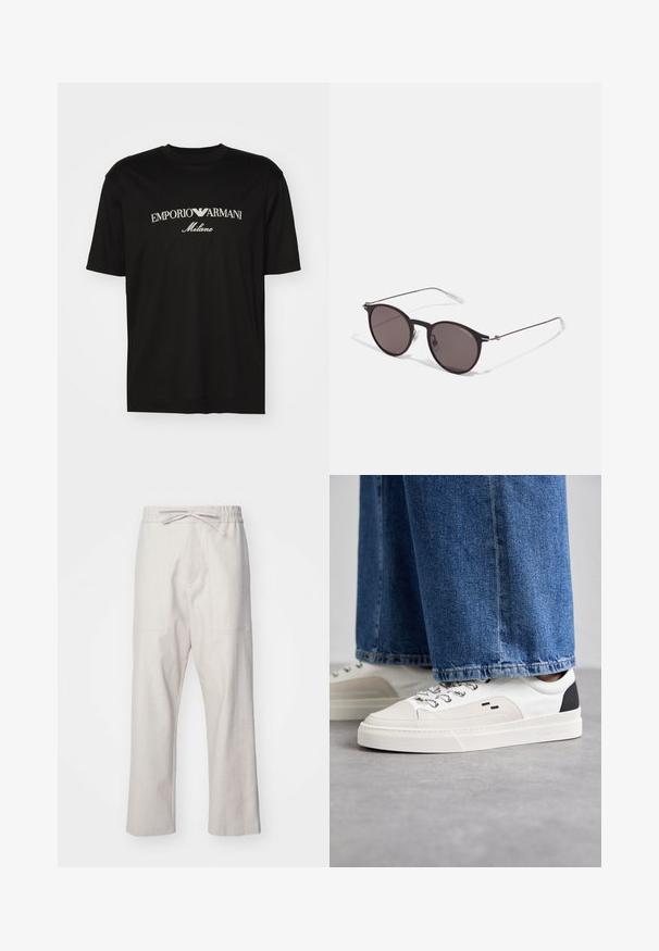 Musta puuvillapaita, jossa on pyöreä kaula-aukko, lyhyet hihat ja valkoinen "EMPORIO ARMANI" -logo, jonka yläpuolella on kaarevassa muodossa "Milano".; Vaaleanbeige pellavahousut, joissa on elastinen vyötärö ja naru, sekä kaksi etutaskua. Suora lahjetyyli.; Valkoiset ja mustat tennarit, joissa on sileä nahkapäällinen, tekstuuriakcentit ja paksu valkoinen pohja. Varustettu klassisella nauhakiinnityksellä.; Musta pyöreä aurinkolasit tummilla linsseillä ja kapeilla metallikehyksillä. Sisältää kirkkaat temppelet ja hopeiset yksityiskohdat saranassa. Minimalistinen muotoilu.