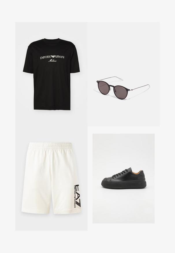 T-shirt de algodão preta com gola redonda, mangas curtas e o logo "EMPORIO ARMANI" em branco acima de "Milano" num design curvo.; Bermudas brancas em algodão com cintura elástica, apresentando um logótipo preto impresso no lado esquerdo. Corte reto sem padrões visíveis.; Sapatilha de couro preta com bico redondo, frente com atacadores, superfície lisa, sola de borracha grossa e interior em tom contrastante de castanho.; Óculos de sol redondos pretos com lentes escuras e hastes metálicas finas. Inclui pontas de templo transparentes e detalhes em prata na dobradiça. Design minimalista.
