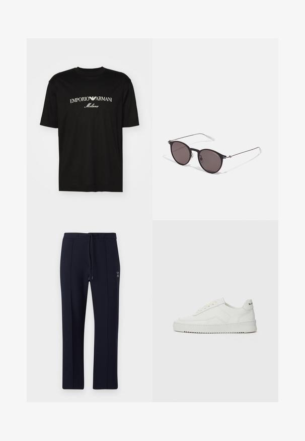 T-shirt en coton noir avec un col rond, des manches courtes et le logo "EMPORIO ARMANI" en blanc au-dessus de "Milano" dans un design incurvé.; Pantalons navy à coupe décontractée, avec une taille à cordon de serrage et des poches latérales. Tissu lisse avec de légères plis à l'avant et un détail de logo.; Baskets en cuir blanc avec une finition lisse, bout arrondi, lacets plats et semelle texturée. Présente un logo discret sur le talon.; Lunettes de soleil noires rondes avec verres sombres et branches en métal fines. Comprend des embouts transparents et des accents argentés au niveau de la charnière. Design minimaliste.