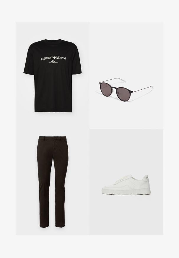 Svart bomulls T-skjorte med rund hals, korte ermer og "EMPORIO ARMANI" logo i hvitt over "Milano" i en buet design.; Dondup GAUBERT - Chinos - brown; Hvite lærersneakers med en jevn overflate, rund tå, flate lisser og en teksturert såle. Har en subtil logo på hælen.; Sorte, runde solbriller med mørke linser og slanke metalarmer. Inkluderer klare temple tips og sølvfargede detaljer ved hengslet. Minimalistisk design.