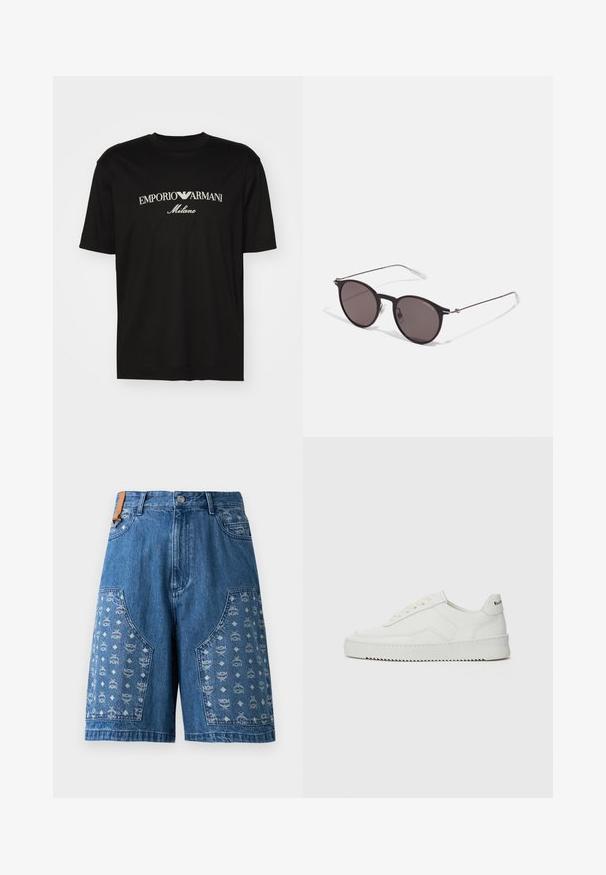 Čierne bavlnené tričko s okrúhlym výstrihom, krátkymi rukávmi a bielym logom "EMPORIO ARMANI" nad textom "Milano" v zakrivenej línii.; Modré riflové šortky s patterned panelážou, ktorá obsahuje loga, našité vrecká a klasický pás so zapínaním na kovový gombík.; Biele kožené tenisky s hladkým povrchom, okrúly špičkový dizajn, ploché šnúrky a textúrovaná podrážka. Obsahujú jemné logo na päte.; Čierne okrúhle slnečné okuliare s tmavými sklami a tenkými kovovými ramenami. Obsahujú priehľadné konce rámov a strieborné akcenty na pántoch. Minimalistický dizajn.