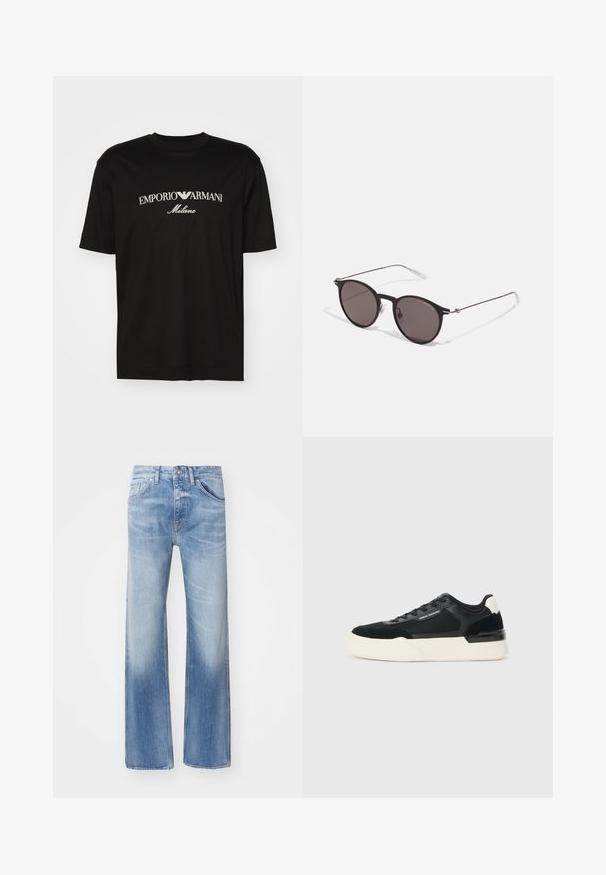 Musta puuvillapaita, jossa on pyöreä kaula-aukko, lyhyet hihat ja valkoinen "EMPORIO ARMANI" -logo, jonka yläpuolella on kaarevassa muodossa "Milano".; Vaaleansiniset farkut, joissa on suora lahkeiden muotoilu, kulunut rakenne ja viisi taskua. Varustettu klassisella nappi- ja vetoketjukiinnityksellä.; Mustat lenkkarit, joissa on verkkokangasta ja nahkaa, paksu valkoinen pohja ja kontrastivärit. Nauhat ja logo yksityiskohtana sivulla.; Musta pyöreä aurinkolasit tummilla linsseillä ja kapeilla metallikehyksillä. Sisältää kirkkaat temppelet ja hopeiset yksityiskohdat saranassa. Minimalistinen muotoilu.