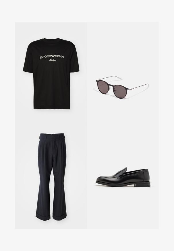 Musta puuvillapaita, jossa on pyöreä kaula-aukko, lyhyet hihat ja valkoinen "EMPORIO ARMANI" -logo, jonka yläpuolella on kaarevassa muodossa "Milano".; Mustat räätälöidyt housut rennolla istuvuudella, voltaan pleidatut etuosat ja leveät lahkeet. Mukana käännetty helma ja sileä kangas.; Mustat nahkakengät, joissa on sileä pinta, pyöreä kärki ja koristeellinen nauha jalkapöydän yli. Matala pinoitu koroke, minimalistinen muotoilu.; Musta pyöreä aurinkolasit tummilla linsseillä ja kapeilla metallikehyksillä. Sisältää kirkkaat temppelet ja hopeiset yksityiskohdat saranassa. Minimalistinen muotoilu.