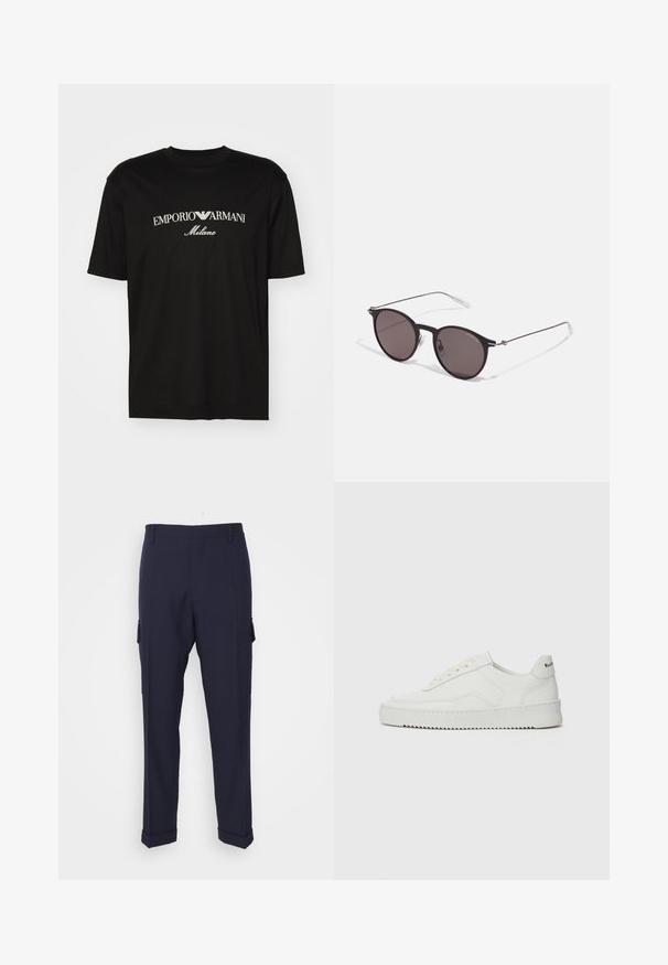 Čierne bavlnené tričko s okrúhlym výstrihom, krátkymi rukávmi a bielym logom "EMPORIO ARMANI" nad textom "Milano" v zakrivenej línii.; Námornícke modré cargo nohavice vyrobené z hladkej tkaniny, s bočnými vreckami, rovného strihu a ohnutými manžetami na členkoch.; Biele kožené tenisky s hladkým povrchom, okrúly špičkový dizajn, ploché šnúrky a textúrovaná podrážka. Obsahujú jemné logo na päte.; Čierne okrúhle slnečné okuliare s tmavými sklami a tenkými kovovými ramenami. Obsahujú priehľadné konce rámov a strieborné akcenty na pántoch. Minimalistický dizajn.