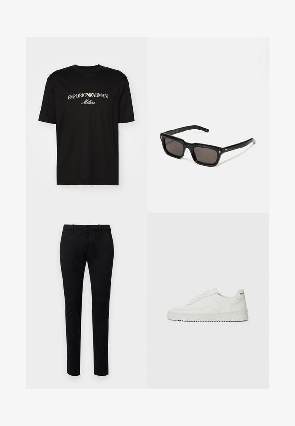 Czarny bawełniany T-shirt z okrągłym dekoltem, krótkimi rękawami oraz białym logo "EMPORIO ARMANI" nad napisem "Milano" w zakrzywionym kształcie.; Czarne chinosy o slim fit, wykonane z bawełnianej tkaniny. Posiadają szlufki na pasek, kieszenie z przodu oraz gładką fakturę. Brak widocznych wzorów.; Białe skórzane sneakersy o gładkim wykończeniu, okrągłym nosku, płaskich sznurówkach i teksturowanej podeszwie. Charakteryzują się delikatnym logo na pięcie.; Czarne prostokątne okulary przeciwsłoneczne z ciemnymi soczewkami, grubą plastikową oprawą, złotymi akcentami na zausznikach oraz wygrawerowanym logo marki na ramieniu.