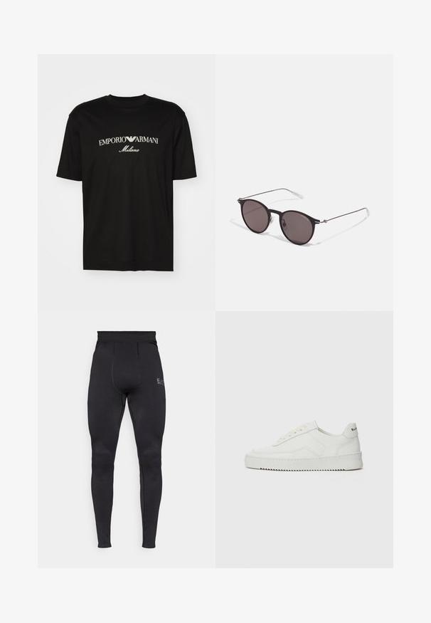 Svart bomulls T-skjorte med rund hals, korte ermer og "EMPORIO ARMANI" logo i hvitt over "Milano" i en buet design.; Svarte aktive leggings med teksturerte panelmønstre, høy midje og slim fit. Har en subtil logo på den øvre leggen.; Hvite lærersneakers med en jevn overflate, rund tå, flate lisser og en teksturert såle. Har en subtil logo på hælen.; Sorte, runde solbriller med mørke linser og slanke metalarmer. Inkluderer klare temple tips og sølvfargede detaljer ved hengslet. Minimalistisk design.