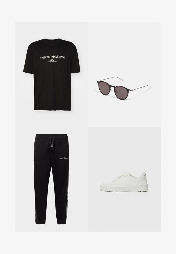 Must must T-särk, millel on ümmargune kaelus, lühikesed варст и väljend "EMPORIO ARMANI" valgete tähtedega, mille all on kõveras kujunduses sõna "Milano".; Mustad puuvillasegusest kangast mustad treeningpüksid, millel on soonikkoes vöökoht, valged küljeribad ja logo broderi vasakul reitel.; Valge nahast tennis, millel on sile põhi, ümar varvas, lamedad nöörid ja tekstuuriline tall. Sisaldab diskreetset logo kontsaribal.; Mustad mustad prillid tumedate läätsedega ja õhukeste metallist käepidemetega. Kaarja kujuga seljaosa ja hõbedased aktsendid hingel. Minimalistlik disain.