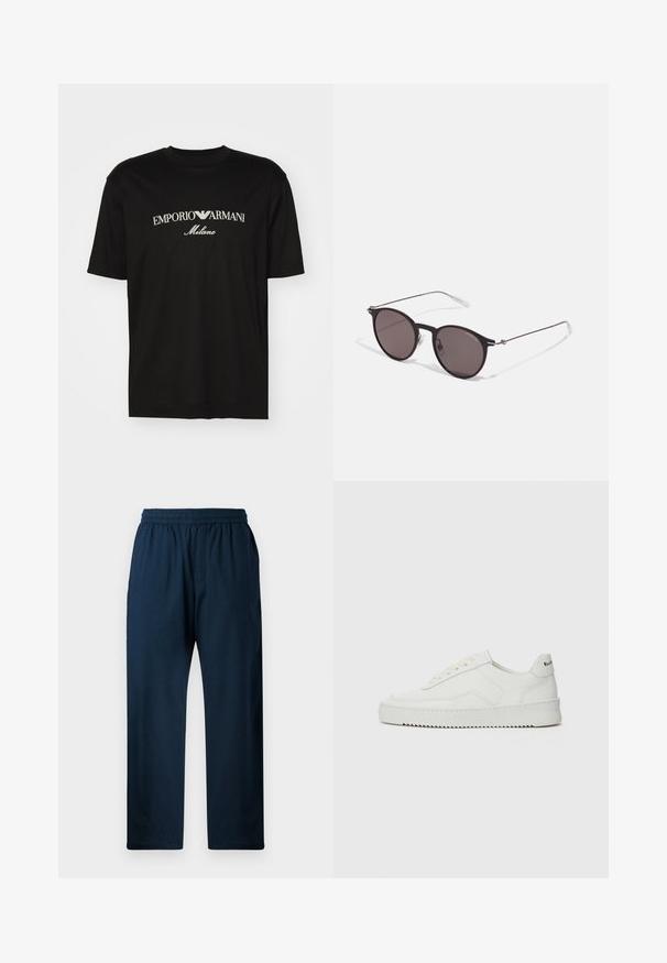Schwarzes Baumwoll-T-Shirt mit Rundhalsausschnitt, kurzen Ärmeln und dem "EMPORIO ARMANI"-Logo in Weiß über dem geschwungenen Schriftzug "Milano".; Navyblaue Baumwollmischungshosen mit elastischem Bund, geradem Bein, seitlichen Taschen und glatter Textur.; Weiße Ledersneaker mit glatter Oberfläche, runder Zehenpartie, flachen Schnürsenkeln und strukturiertem Sohlenprofil. Mit einem dezenten Logo an der Ferse.; Schwarze runde Sonnenbrille mit dunklen Gläsern und schlanken Metallbügeln. Enthält klare Tempelspitzen und silberne Akzente am Scharnier. Minimalistisches Design.