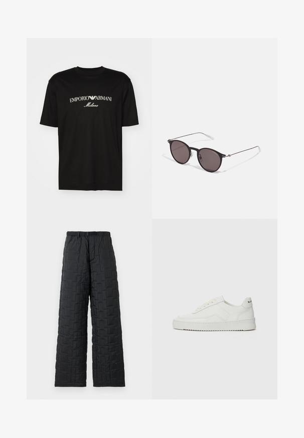 Musta puuvillapaita, jossa on pyöreä kaula-aukko, lyhyet hihat ja valkoinen "EMPORIO ARMANI" -logo, jonka yläpuolella on kaarevassa muodossa "Milano".; Mustat vuoratut housut, joissa on löysä malli, teksturoitu pinta, joustava vyötärö vyöllä ja kaksi sivutaskua.; Valkoinen nahkakenkä, jossa on sileä pinta, pyöreä kärki, tasaiset nauhat ja teksturoitu pohja. Sisältää huomaamattoman logon kantapäässä.; Musta pyöreä aurinkolasit tummilla linsseillä ja kapeilla metallikehyksillä. Sisältää kirkkaat temppelet ja hopeiset yksityiskohdat saranassa. Minimalistinen muotoilu.