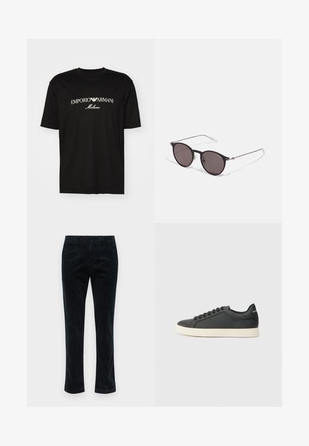 Musta puuvillapaita, jossa on pyöreä kaula-aukko, lyhyet hihat ja valkoinen "EMPORIO ARMANI" -logo, jonka yläpuolella on kaarevassa muodossa "Milano".; Mustat corduroy-housut suoran lahkeen muotoilulla, joissa on pystysuorat urat, sileä pinta ja standardikorkea vyötärö ilman näkyvää metalliosaa.; Musta nahkakenkä, jossa on matala profiili, pyöreä kärki ja nauhakiinnitys; siinä on tekstiilipohja ja logoyksityiskohta kantapäässä.; Musta pyöreä aurinkolasit tummilla linsseillä ja kapeilla metallikehyksillä. Sisältää kirkkaat temppelet ja hopeiset yksityiskohdat saranassa. Minimalistinen muotoilu.