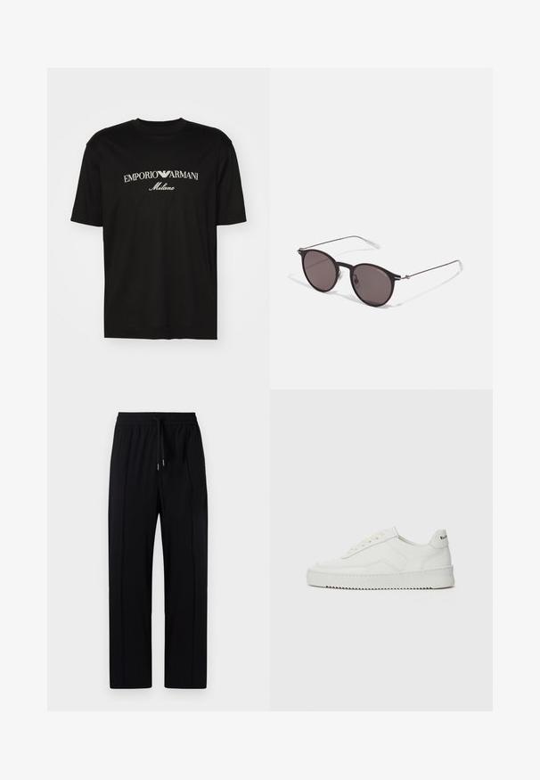 Czarny bawełniany T-shirt z okrągłym dekoltem, krótkimi rękawami oraz białym logo "EMPORIO ARMANI" nad napisem "Milano" w zakrzywionym kształcie.; Czarne, lekkie spodnie z elastycznym paskiem w talii i sznurkiem, z dwoma fałdami z przodu i prostą nogawką. Gładka faktura.; Białe skórzane sneakersy o gładkim wykończeniu, okrągłym nosku, płaskich sznurówkach i teksturowanej podeszwie. Charakteryzują się delikatnym logo na pięcie.; Czarne okrągłe okulary przeciwsłoneczne z ciemnymi soczewkami i smukłymi metalowymi ramkami. Zawierają przezroczyste końcówki zauszników oraz srebrne akcenty przy zawiasie. Minimalistyczny design.