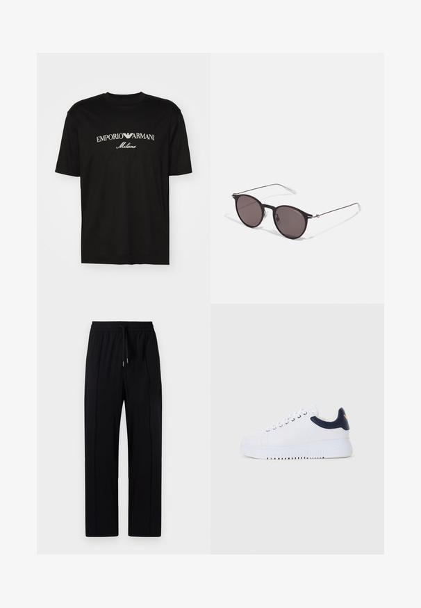 Zwarte katoenen T-shirt met een ronde halslijn, korte mouwen en het "EMPORIO ARMANI" logo in het wit boven "Milano" in een gebogen ontwerp.; Zwarte, lichte broek met een elastische tailleband en trekkoord, voorzien van twee voorplooien en een recht model. Glad textuur.; Witte sneakers met marineblauwe accenten, met een gladde textuur, ronde neus en verhoogde buitenzool, voorzien van een logo aan de zijkant.; Zwarte ronde zonnebril met donkere lenzen en slanke metalen armen. Inclusief heldere tempelpunten en zilveren accenten bij de scharnier. Minimalistisch ontwerp.