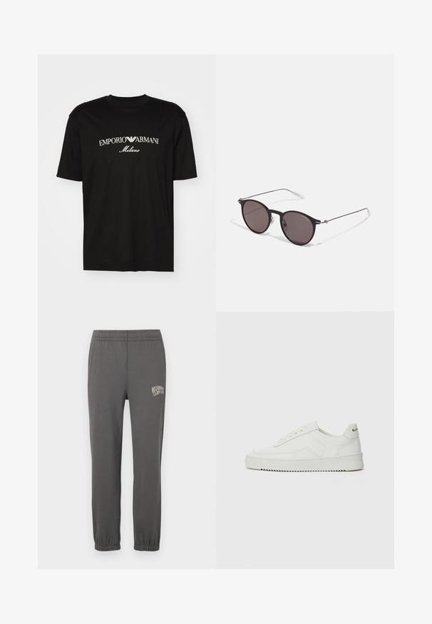 T-shirt de algodão preta com gola redonda, mangas curtas e o logo "EMPORIO ARMANI" em branco acima de "Milano" num design curvo.; Calças de moletão cinzentas com um cós elástico, punhos ajustados e um pequeno logotipo branco com a inscrição "Billionaire Boy Club" na coxa esquerda.; Sapatilha de couro branco com acabamento suave, bico redondo, atacadores planos e uma sola texturizada. Apresenta um logotipo discreto no calcanhar.; Óculos de sol redondos pretos com lentes escuras e hastes metálicas finas. Inclui pontas de templo transparentes e detalhes em prata na dobradiça. Design minimalista.