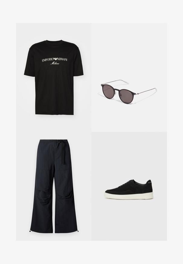 T-shirt de algodão preta com gola redonda, mangas curtas e o logo "EMPORIO ARMANI" em branco acima de "Milano" num design curvo.; Calças largas pretas, feitas de um tecido leve, com um cinto na cintura, bolsos frontais e bainhas ajustáveis com cordões.; Sapatilhas de camurça pretas com design de atacadores e sola de borracha branca em contraste. Apresenta painéis laterais texturizados e uma marcação discreta no calcanhar.; Óculos de sol redondos pretos com lentes escuras e hastes metálicas finas. Inclui pontas de templo transparentes e detalhes em prata na dobradiça. Design minimalista.