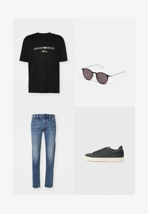 Black cotton T-shirt featuring a round neckline, short sleeves, and "EMPORIO ARMANI" logo in white above "Milano" in a curved design.; Denim jeans in medium blue with faded areas. Straight leg design, five-pocket style, and a front button closure. Features belt loops and minimal stitching.; Black leather sneaker with a low profile, rounded toe, and lace-up closure; features a textured rubber sole and logo detail on the heel.; Black round sunglasses with dark lenses and slim metal arms. Includes clear temple tips and silver accents at the hinge. Minimalist design.