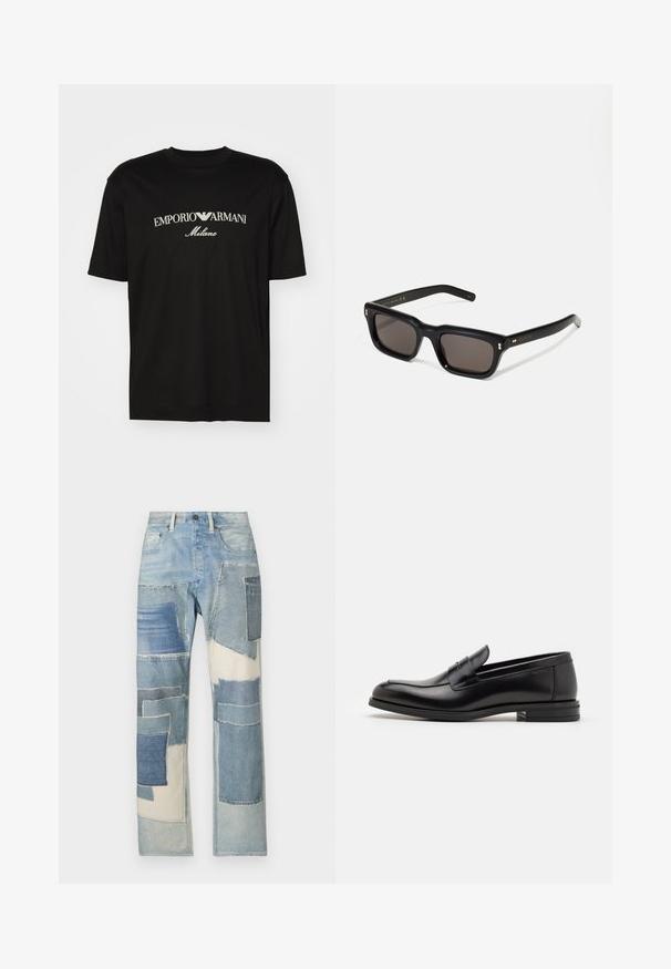 Black cotton T-shirt featuring a round neckline, short sleeves, and "EMPORIO ARMANI" logo in white above "Milano" in a curved design.; Light blue denim jeans featuring a patchwork design with various shades of blue, irregular shapes, and frayed edges, creating textured contrast.; Black leather loafers with a smooth texture, rounded toe, and a decorative strap across the vamp. Low stacked heel, minimalist design.; Black rectangular sunglasses with dark lenses, thick plastic frame, gold accents on temples, and brand logo engraved on the arm.