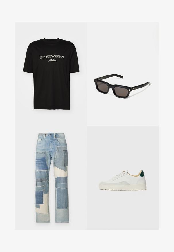 Musta puuvillapaita, jossa on pyöreä kaula-aukko, lyhyet hihat ja valkoinen "EMPORIO ARMANI" -logo, jonka yläpuolella on kaarevassa muodossa "Milano".; Vaaleansiniset farkut, joissa on tilkkutyödesign, joka sisältää erilaisia sinisen sävyjä, epäsäännöllisiä muotoja ja risareunoja, luoden tekstuuri- ja kontrastieroja.; Valkoiset tennarit, joissa on nahkaosia, pyöreä kärki, tasaiset nauhat ja kermaisa kumi-pohja. Takana vihreä brändäys.; Mustat suorakulmaiset aurinkolasit tummilla linsseillä, paksu muovikehys, kultaiset korostukset temppeleissä ja brändin logo kaiverrettuna varteen.