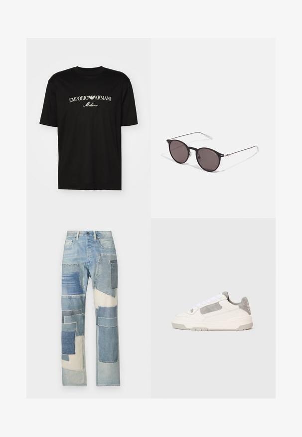 Svart bomulls T-skjorte med rund hals, korte ermer og "EMPORIO ARMANI" logo i hvitt over "Milano" i en buet design.; Lyseblå denimjeans med et lappet design i forskjellige nyanser av blått, uregelmessige former og frynsete kanter, som skaper en teksturell kontrast.; Hvit og lys grå lavt snøre sko med hvite snørebånd og semsket skinn detaljer, vist fra siden på en enkel lys bakgrunn.; Sorte, runde solbriller med mørke linser og slanke metalarmer. Inkluderer klare temple tips og sølvfargede detaljer ved hengslet. Minimalistisk design.