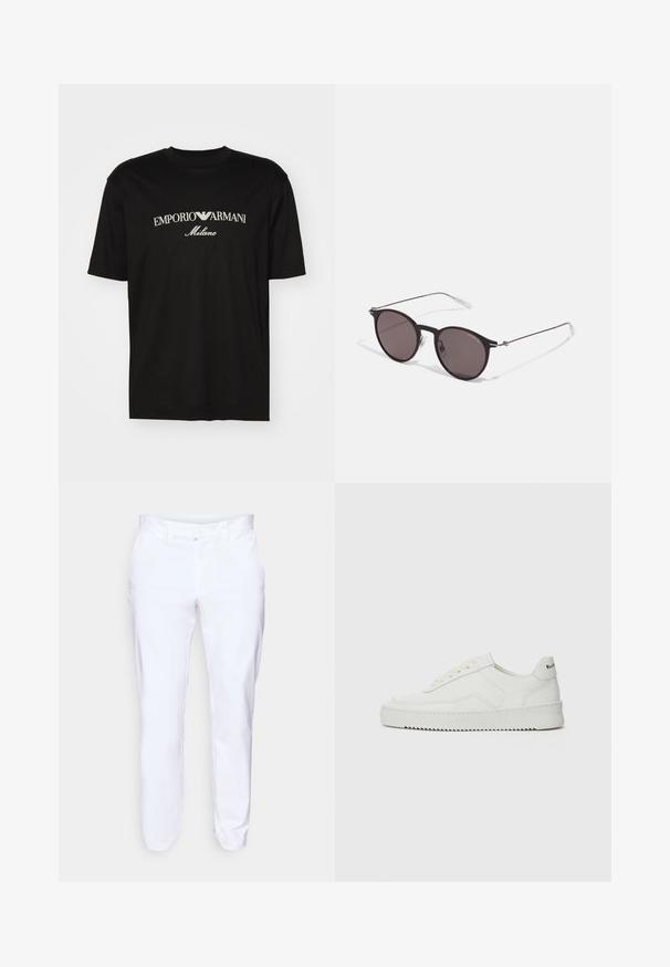 Černé bavlněné tričko s kulatým výstřihem, krátkými rukávy a logem "EMPORIO ARMANI" v bílém nad nápisem "Milano" v zakřiveném provedení.; Bílé kalhoty vyrobené z hladkého materiálu, se střihem rovného nohavice, předním zapínáním na knoflík a dvěma šikmými bočními kapsami.; Bílé kožené tenisky s hladkým povrchem, kulatou špičkou, plochými tkaničkami a texturovanou podrážkou. Na patě se nachází nenápadné logo.; Černé kulaté sluneční brýle s tmavými skly a tenkými kovovými nohami. Obsahují průhledné koncovky nožiček a stříbrné akcenty na pantu. Minimalistický design.