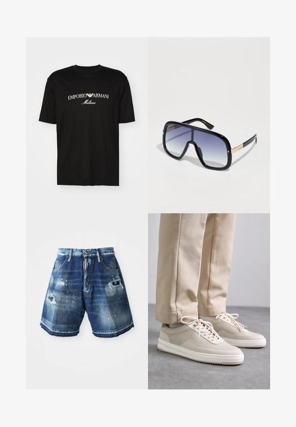 Schwarzes Baumwoll-T-Shirt mit Rundhalsausschnitt, kurzen Ärmeln und dem "EMPORIO ARMANI"-Logo in Weiß über dem geschwungenen Schriftzug "Milano".; Dunkelblaue Denim-Shorts mit verwaschenen Details. Mit ausgefransten Säumen, Taschen und einem Knopfverschluss. Waschvariationen über den Stoff.; Beige Sneaker mit strukturiertem Obermaterial, weißen Sohlen und gestickten Akzenten, kombiniert mit beigen Hosen, auf einer grauen Fläche präsentiert.; Übergroße schwarze Sonnenbrille mit einem lila Farbverlauf-Glas, glanzvoller Oberfläche und goldenen Akzenten an den Bügeln. Rechteckige Rahmenform.