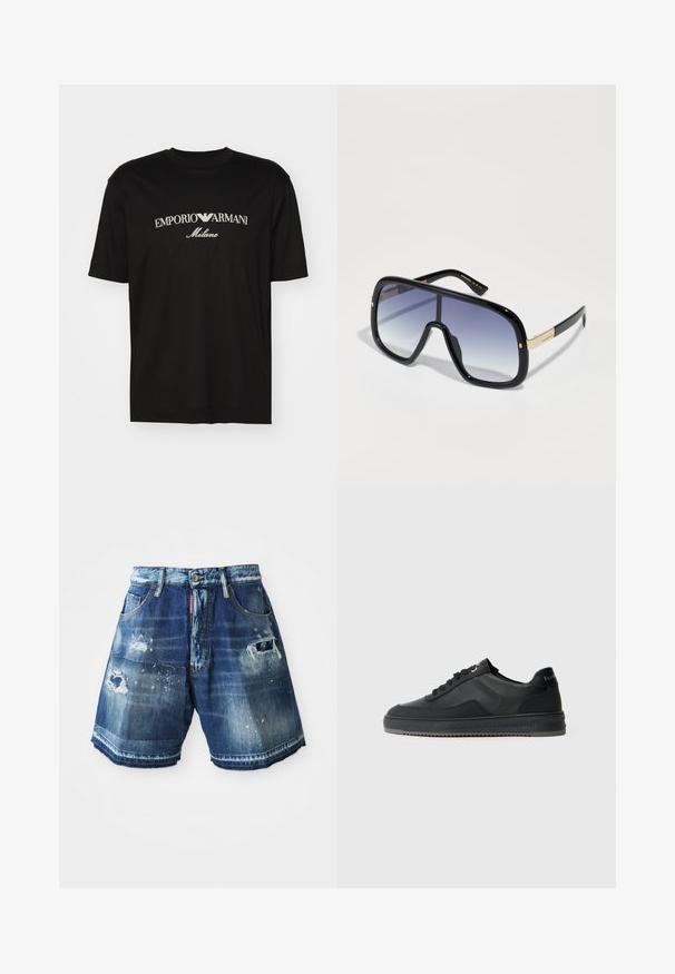 T-shirt de algodão preta com gola redonda, mangas curtas e o logo "EMPORIO ARMANI" em branco acima de "Milano" num design curvo.; Calças de ganga cortas de cor azul escuro com detalhes desgastados. Apresenta bordas desfiadas, bolsos e fecho de botão. Variações de lavagem ao longo do tecido.; Sneaker preto com cabedal em couro liso, detalhes texturizados, atacadores planos e sola de borracha com padrão de cravos em ziguezague.; Óculos de sol oversized pretos com lentes púrpura em degradé, acabamento brilhante e detalhes em dourado nas hastes. Forma de armação retangular.
