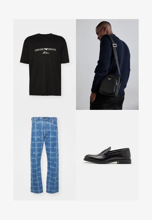 T-shirt in cotone nero con scollatura rotonda, maniche corte e logo "EMPORIO ARMANI" in bianco sopra "Milano" in una disposizione curva.; Jeans in denim blu con taglio dritto, caratterizzati da un motivo testuale ripetuto "Vivienne Westwood" in bianco. Design classico a cinque tasche.; Mocassini neri in pelle con una texture liscia, punta arrotondata e una striscia decorativa sulla tomaia. Tacco basso impilato, design minimalista.; Borsa a tracolla in pelle nera con un scomparto con zip, dettaglio del logo e una tracolla regolabile con branding. Indossata sopra un maglione blu navy a trama.